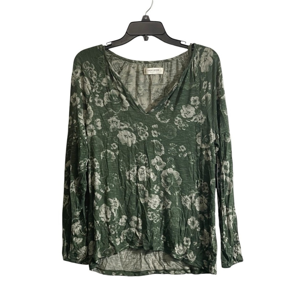 NWT Lucky Brand Shirt Small Floral Olive Green Boho Peasant Long Sleeve